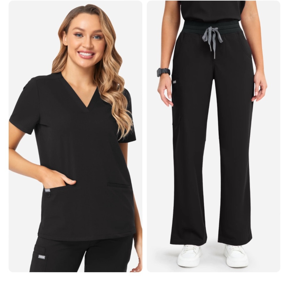 Black Scrub Set- Top and Flare Pants size Medium